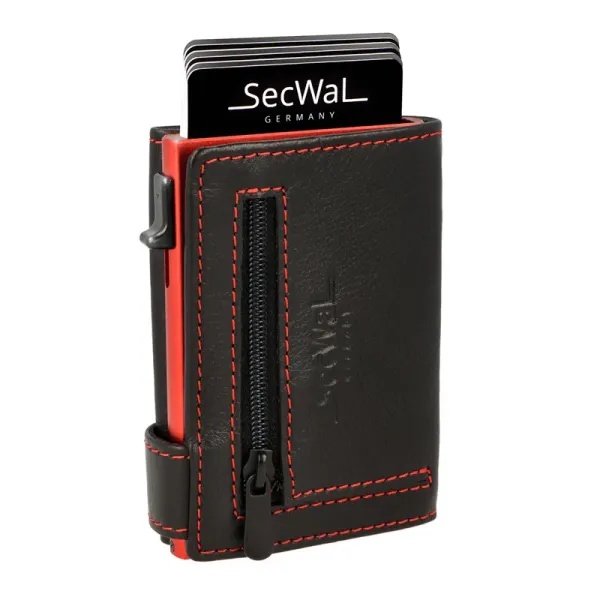 Kartenetui mit Münzfach Reißverschluss, mit rotem Container