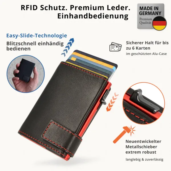 Kartenetui mit Münzfach Reißverschluss, mit rotem Container