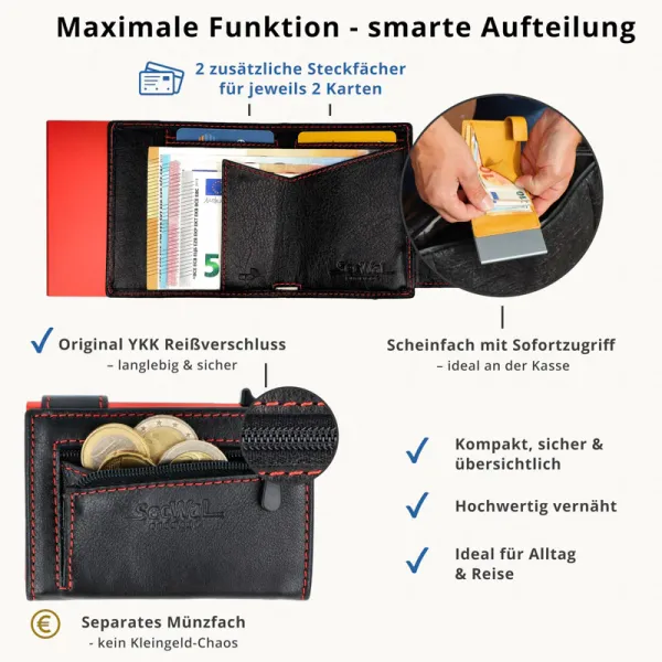 Kartenetui mit Münzfach Reißverschluss, mit rotem Container